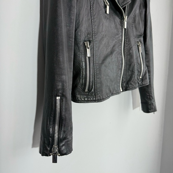 Mango Textured Panel Genuine Leather Biker Jacket Black XS Quilted Shoulder Moto - Picture 13 of 16
